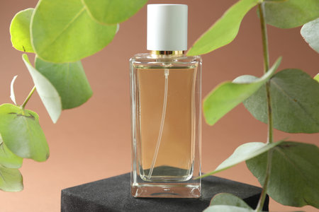 Promotion. Bottle of perfume, podium and green leaves on brown background, closeup