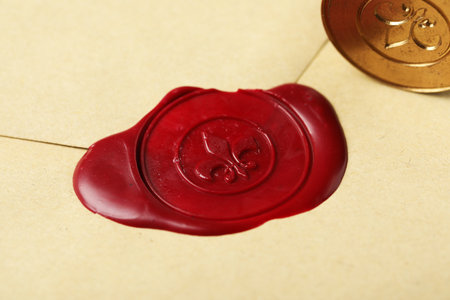 Beautiful envelope with red wax seal and stamp, closeupの写真素材