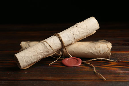 Old rolled paper scrolls on wooden table, closeupの写真素材