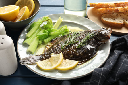 Tasty roasted flounder fish with celery served on blue wooden table, closeup. Homemade seafood dishの写真素材