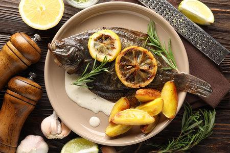 Tasty roasted flounder fish with rosemary, potato and lemon slices on wooden table, flat lay. Homemade seafood dishの写真素材