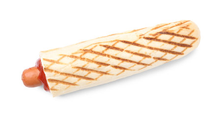 One delicious French hot dog isolated on white, top view. Tasty fast foodの写真素材