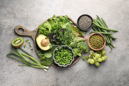 Superfood. Different healthy products on light grey table, flat layの写真素材