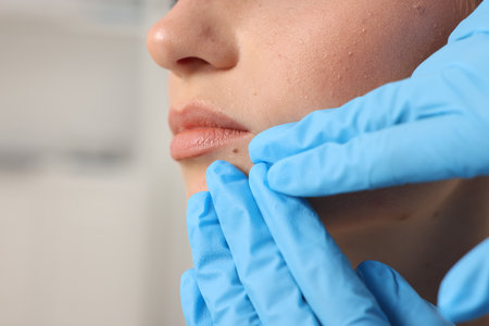 Doctor examining young woman's mole in hospital, closeupの写真素材