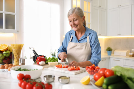 Senior woman cooking at white marble table in kitchenの写真素材