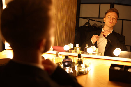 Man getting ready at dressing table indoorsの写真素材