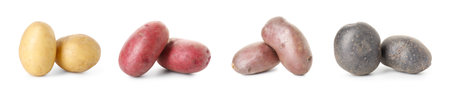 Different types of raw potatoes isolated on white, setの写真素材