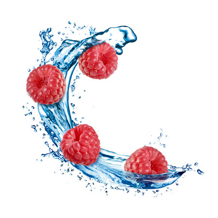 Fresh ripe raspberries and water splash in air on white background