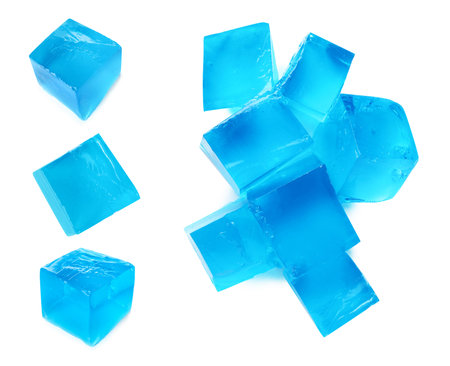 Yummy blue jelly cubes isolated on white, collageの写真素材