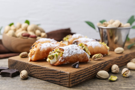 Delicious cannoli with ricotta cheese, peanuts, pistachios, chocolate and powdered sugar on wooden table against light gray background, closeupの写真素材