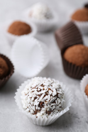 Delicious homemade candies with cocoa powder and coconut flakes on light gray table, closeupの写真素材