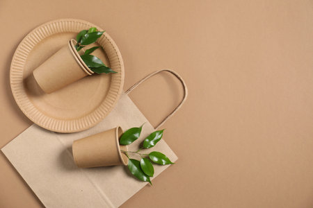 Different eco friendly packaging, tableware and leaves on light brown background, flat lay. Space for textの写真素材
