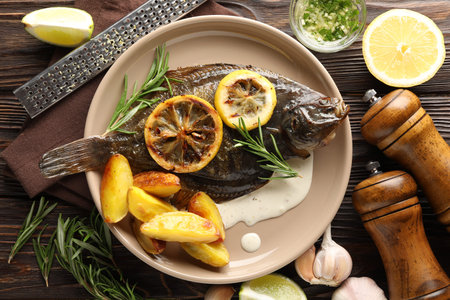 Tasty roasted flounder fish with rosemary, potato and lemon slices on wooden table, flat lay....