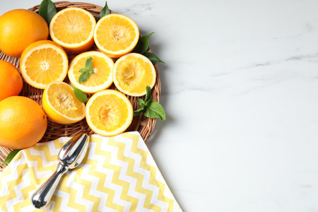 Squeezer, oranges and mint on white table, flat lay with space for text. Making fresh juiceの写真素材