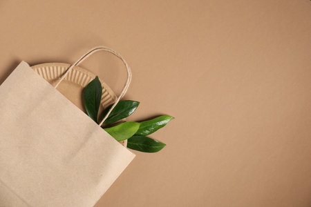 Eco friendly packaging. One paper bag and leaves on light brown background, top view. Space for textの写真素材