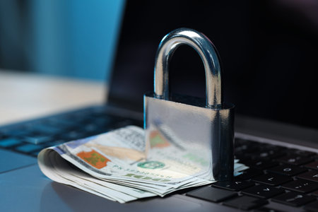 Cyber safety. Metal padlock and dollars on laptop, closeup