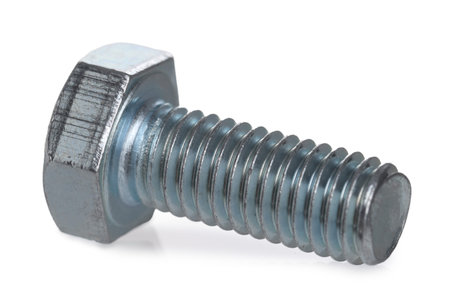 One metal bolt isolated on white. Hardware tool