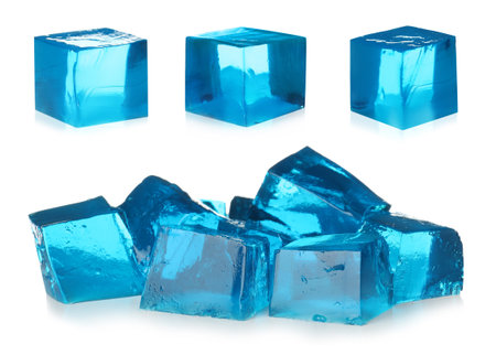 Yummy blue jelly cubes isolated on white, collageの写真素材
