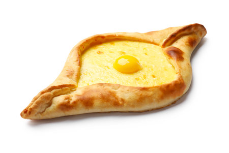 Tasty khachapuri with cheese and egg isolated on whiteの写真素材