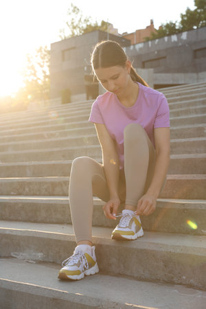 Teenage girl tying shoelaces before running on stairs outdoorsの写真素材