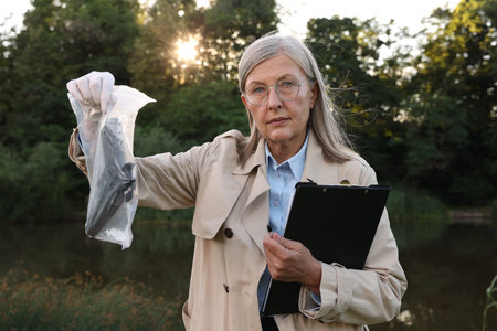 Forensic expertise. Detective with clipboard and evidence at crime scene near lake outdoorsの写真素材