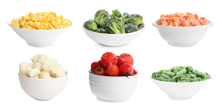 Different frozen vegetables in bowls on white background, setの写真素材