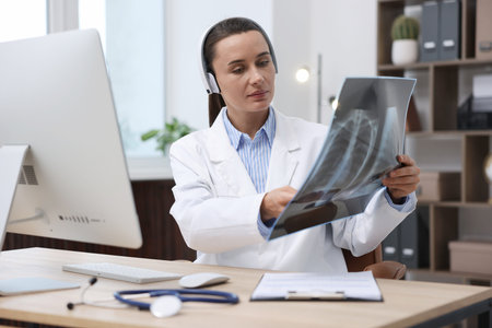 Doctor with lung MRI scan having online consultation via computer in clinic