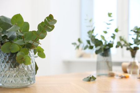 Florist. Eucalyptus branches in glass vase on wooden table in flower shop, closeup. Space for textの写真素材