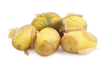 Tasty young boiled potatoes with dill isolated on whiteの写真素材