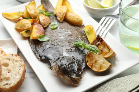 Tasty roasted flounder fish served with potatoes, basil and lemon slices on white marble table,...