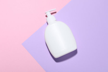 Cosmetic product on color background, top view. Mockup for designの写真素材