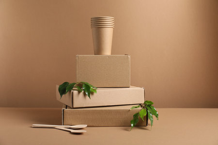 Different eco friendly packaging, tableware and leaves on light brown backgroundの写真素材
