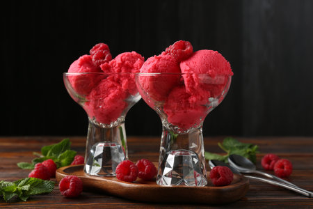 Delicious raspberry sorbet in dessert bowls, mint and fresh berries on wooden table against black background, closeupの写真素材