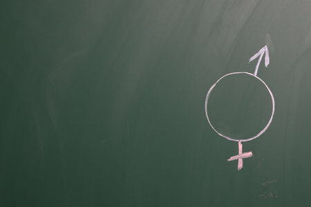 Sex education. Gender symbols drawn on green chalkboard, space for textの写真素材