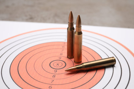 Firearm cartridges on paper target, closeup view
