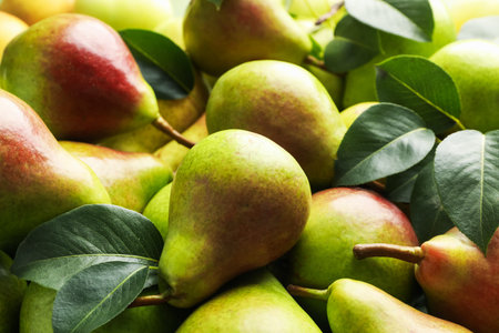 whole Many ripe pears as background, closeup