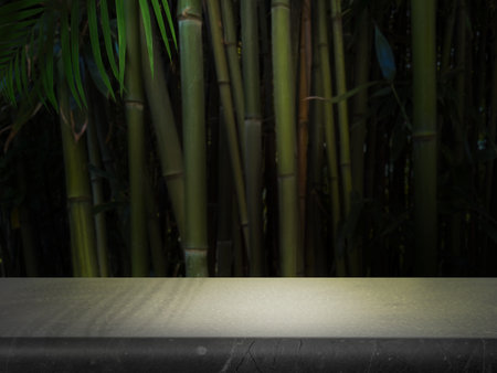 Gray table in jungle. Empty surface against bamboo stalks. Poster with space for designの写真素材