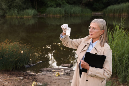 Forensic expertise. Detective with clipboard and evidence at crime scene near lake outdoors, space...