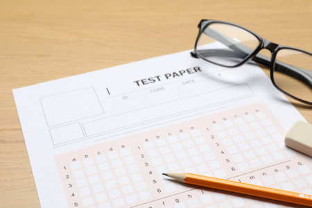 Answer sheet, eraser, pencil and glasses on wooden table, closeup. Student passing examの写真素材