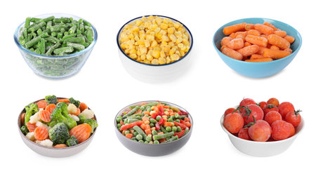 Different frozen vegetables in bowls on white background, setの写真素材