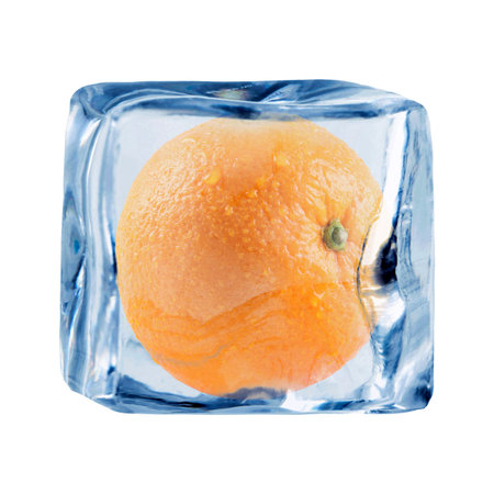 Fresh orange inside ice cube on white background
