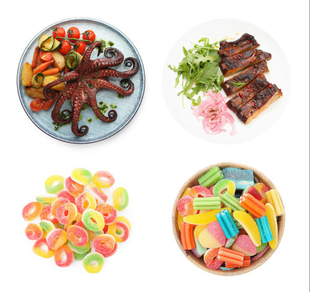 Food with chewy texture, collage. Dishes and gummy candies isolated on white