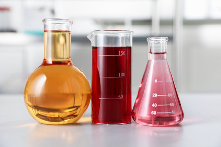 Different laboratory glassware with color liquids on light table indoorsの写真素材