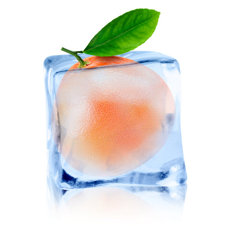 Fresh grapefruit inside ice cube on white backgroundの写真素材