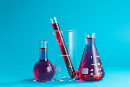 Laboratory glassware with color liquid on light blue backgroundの写真素材