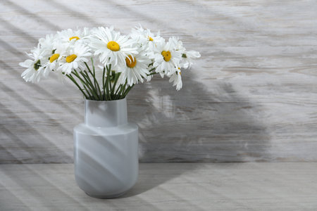 Beautiful chamomile flowers in vase on gray wooden table, closeup. Space for textの写真素材