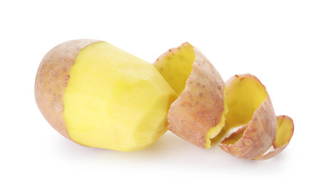 Raw potato with peel isolated on whiteの写真素材