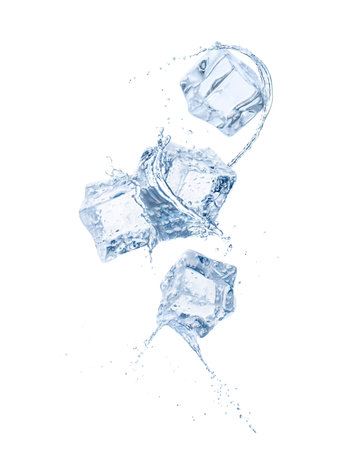 Ice cubes and splashing water on white backgroundの写真素材