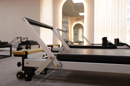 Reformer machines in studio, closeup. Pilates equipment