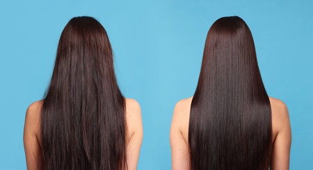 Before and after hair lamination procedure, collage. Woman showing hair on blue background, back...